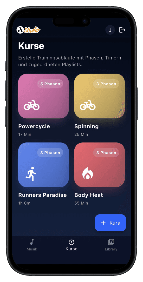 audiorooms Studio App – Kursübersicht mit Icons
