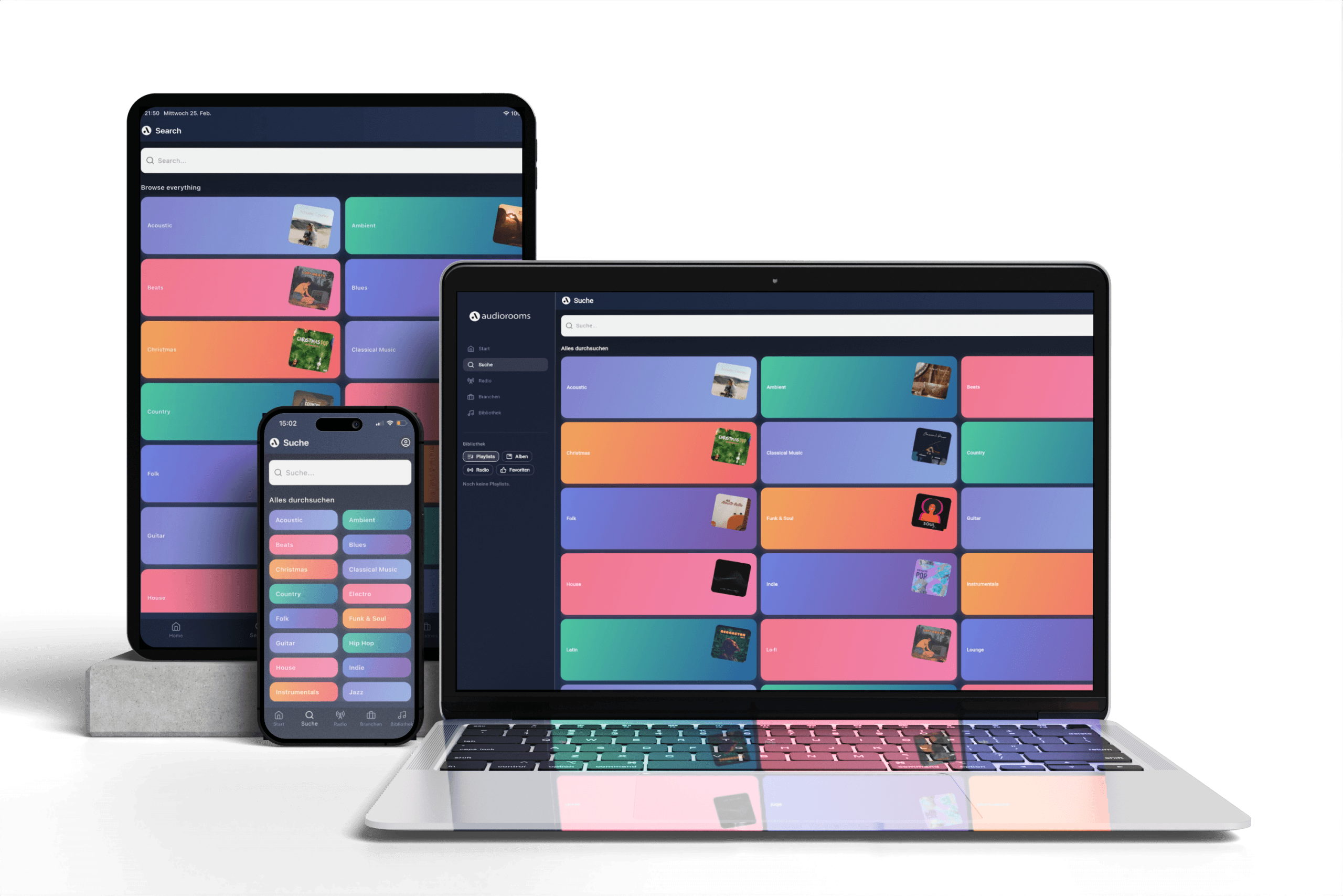 audiorooms App auf Laptop, Tablet und Smartphone